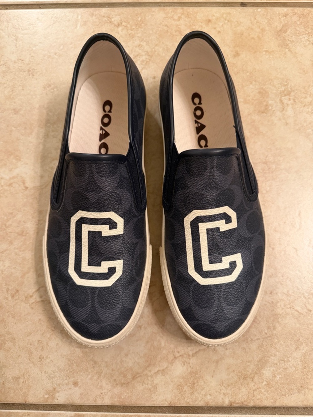 Coach Navy and Cream Signature 'C' Slip-On Sneakers